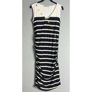 Kimi + Kai Maternity XS Sailor Maxi Dress Blue‎ Gold Buttons Stretch Coastal Mom